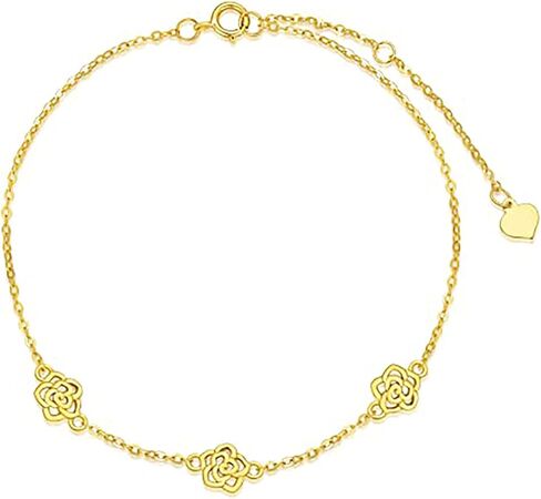 14K Solid Gold Rose Flower Bracelet for Women, Yellow Gold Created Three Flower Bracelet, Anniversary Birthday Jewelry Gifts for Wife Mom Girlfriend, 6.5+2 Inch in Saudi Arabia