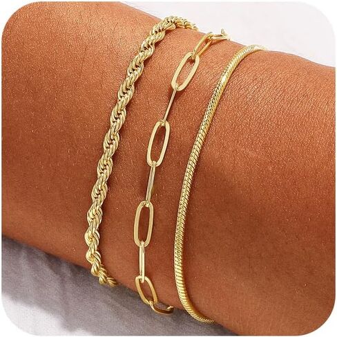 Gold Bracelets for Women Non Tarnish Trendy 14K Gold Plated Dainty Stackable Bracelet Stack Waterproof Lightweight Fashion Cute Jewelry Gift for Women 6.3-7.9 Inches in Saudi Arabia