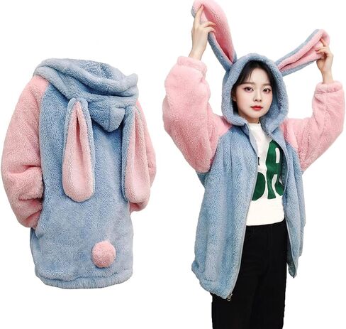 acdiac Kawaii Animal Hoodie Bunny/Bear Ear Hoodies Tops For Women Fluffy Rabbit Sweater Zip Jacket Coats in Kuwait