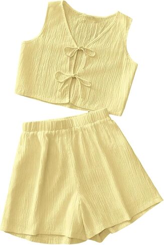 Verdusa Women's 2 Piece Textured Vacation Outfits Bow Tie Tank Tops with Mini Shorts Set in Saudi Arabia