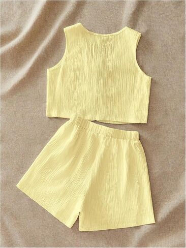 Verdusa Women's 2 Piece Textured Vacation Outfits Bow Tie Tank Tops with Mini Shorts Set in Saudi Arabia