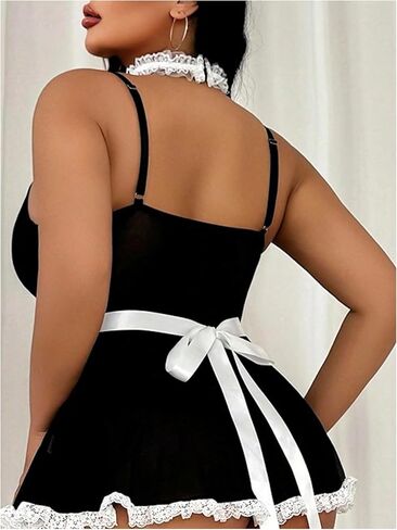OYOANGLE Women's Plus Size Maid Costume Outfits Roleplay Babydoll Lingerie Dress with Fishnet Stockings in Saudi Arabia