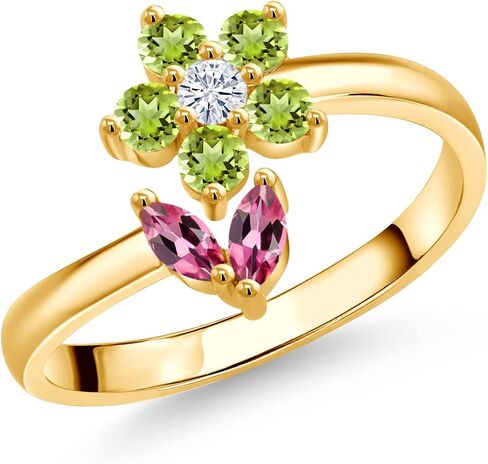 Gem Stone King 18K Yellow Gold Plated Silver Pink Tourmaline Green Peridot and White Moissanite Flower Open Ring For Women (0.56 Cttw, Gemstone October Birthstone, Available In Size 5, 6, 7, 8, 9) in Saudi Arabia