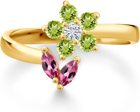 Gem Stone King 18K Yellow Gold Plated Silver Pink Tourmaline Green Peridot and White Moissanite Flower Open Ring For Women (0.56 Cttw, Gemstone October Birthstone, Available In Size 5, 6, 7, 8, 9) in Saudi Arabia