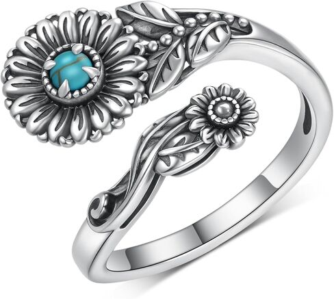 Genuine Turquoise Rings for Women 925 Sterling Silver Sunflower Spoon Ring Vintage Boho Western Ring Real Turquoise Jewelry for Women Mom in Kuwait