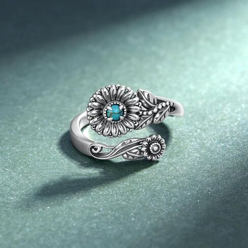 Genuine Turquoise Rings for Women 925 Sterling Silver Sunflower Spoon Ring Vintage Boho Western Ring Real Turquoise Jewelry for Women Mom in Kuwait