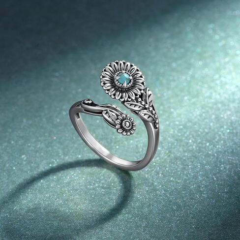 Genuine Turquoise Rings for Women 925 Sterling Silver Sunflower Spoon Ring Vintage Boho Western Ring Real Turquoise Jewelry for Women Mom in Kuwait