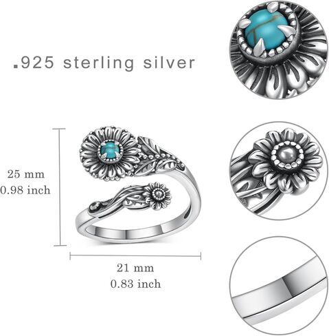 Genuine Turquoise Rings for Women 925 Sterling Silver Sunflower Spoon Ring Vintage Boho Western Ring Real Turquoise Jewelry for Women Mom in Kuwait