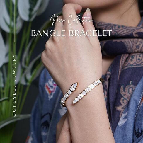 Dazzling Snake Cuff Bracelet for Women | Mother-of-Pearl & Cubic Zirconia Bangle in Saudi Arabia
