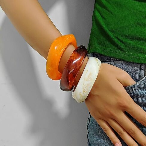 Acrylic Chunky Bangle Bracelets for Women 3 Pcs Colorful Square Resin Bangle Irregular Punk Acrylic Bracelet Geometric Wide Wristband Bracelets Fashions Statement Jewelry Set in Saudi Arabia