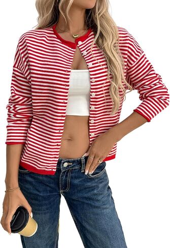 سترة نسائية لخريف 2025 كاجوال مخططة بأكمام طويلة وأزرار ورقبة دائرية ناعمة متماسكة وخفيفة الوزن فضفاضة in Kuwait