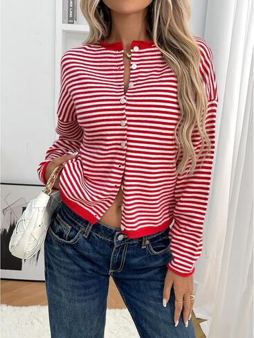 سترة نسائية لخريف 2025 كاجوال مخططة بأكمام طويلة وأزرار ورقبة دائرية ناعمة متماسكة وخفيفة الوزن فضفاضة in Kuwait