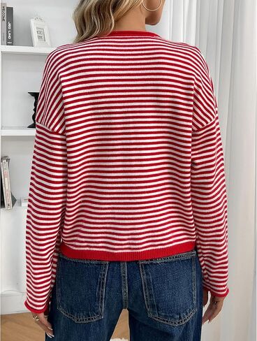 سترة نسائية لخريف 2025 كاجوال مخططة بأكمام طويلة وأزرار ورقبة دائرية ناعمة متماسكة وخفيفة الوزن فضفاضة in Kuwait