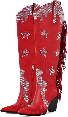 sexytag Fringe Thigh High Extra Wide Calf Cowboy Boots Star Rhinestone Over The Knee Cowgirl Boots Embellished Tall Fashion Western Boots in Kuwait