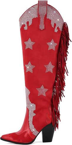 sexytag Fringe Thigh High Extra Wide Calf Cowboy Boots Star Rhinestone Over The Knee Cowgirl Boots Embellished Tall Fashion Western Boots in Kuwait