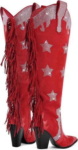 sexytag Fringe Thigh High Extra Wide Calf Cowboy Boots Star Rhinestone Over The Knee Cowgirl Boots Embellished Tall Fashion Western Boots in Kuwait