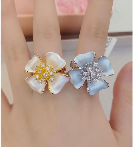 Kokoma White Enamel Flower Ring with Crystal Center Cubic Zirconia Floral Wrap Finger Ring Wedding Band Promise Engagement Eternity Rings Elegant Jewelry for Women in Kuwait