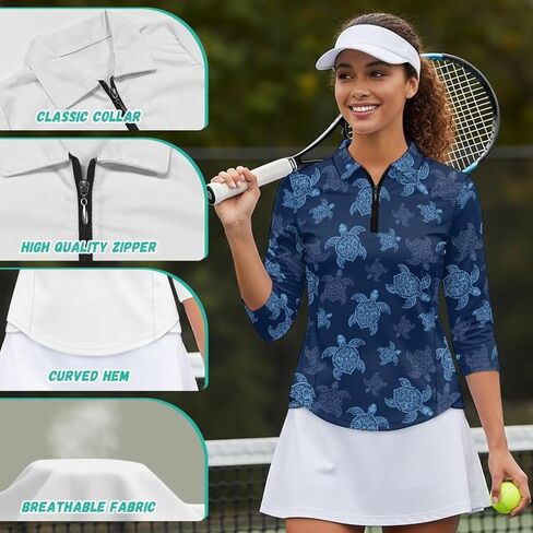 Womens Golf Polo Shirts Zipper 3/4 Sleeve Moisture Wicking Sun Protection Workout Tennis Tops Size S-2XL in Kuwait