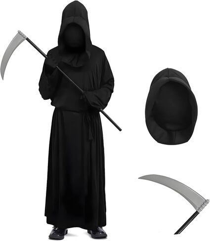 زي الهالوين غريم ريبر - رداء أسود بغطاء للرأس مع منجل وقفازات وحزام - عباءة الهالوين التنكرية للرجال والنساء in Kuwait