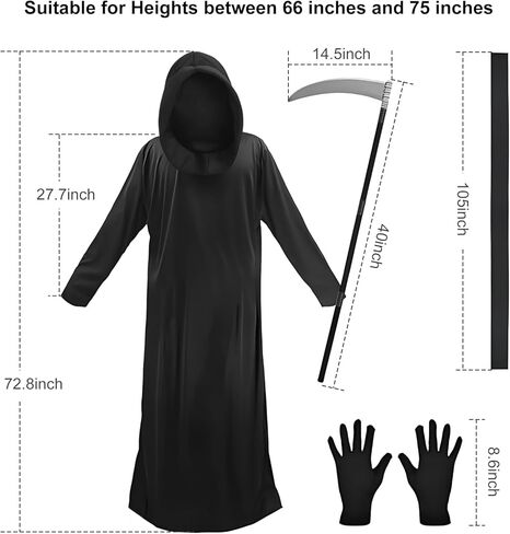 زي الهالوين غريم ريبر - رداء أسود بغطاء للرأس مع منجل وقفازات وحزام - عباءة الهالوين التنكرية للرجال والنساء in Kuwait