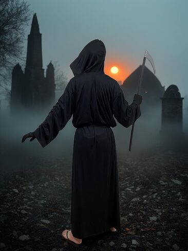 زي الهالوين غريم ريبر - رداء أسود بغطاء للرأس مع منجل وقفازات وحزام - عباءة الهالوين التنكرية للرجال والنساء in Kuwait