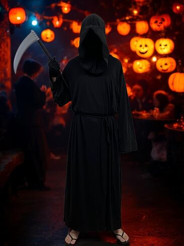 زي الهالوين غريم ريبر - رداء أسود بغطاء للرأس مع منجل وقفازات وحزام - عباءة الهالوين التنكرية للرجال والنساء in Kuwait
