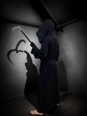 زي الهالوين غريم ريبر - رداء أسود بغطاء للرأس مع منجل وقفازات وحزام - عباءة الهالوين التنكرية للرجال والنساء in Kuwait