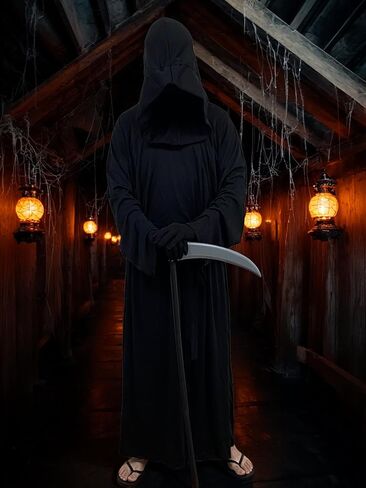 زي الهالوين غريم ريبر - رداء أسود بغطاء للرأس مع منجل وقفازات وحزام - عباءة الهالوين التنكرية للرجال والنساء in Kuwait