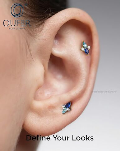 OUFER Helix Piercing Jewelry 18G Blue gradient CZ Flat Back Threadless Labret Lip Piercing, G23 Solid Titanium Forward Helix Earrings, Push Pin Cartilage Tragus Earrings For Women Men in Saudi Arabia