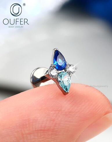 OUFER Helix Piercing Jewelry 18G Blue gradient CZ Flat Back Threadless Labret Lip Piercing, G23 Solid Titanium Forward Helix Earrings, Push Pin Cartilage Tragus Earrings For Women Men in Saudi Arabia