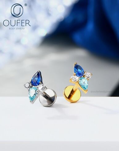 OUFER Helix Piercing Jewelry 18G Blue gradient CZ Flat Back Threadless Labret Lip Piercing, G23 Solid Titanium Forward Helix Earrings, Push Pin Cartilage Tragus Earrings For Women Men in Saudi Arabia