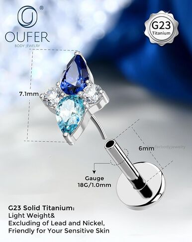 OUFER Helix Piercing Jewelry 18G Blue gradient CZ Flat Back Threadless Labret Lip Piercing, G23 Solid Titanium Forward Helix Earrings, Push Pin Cartilage Tragus Earrings For Women Men in Saudi Arabia