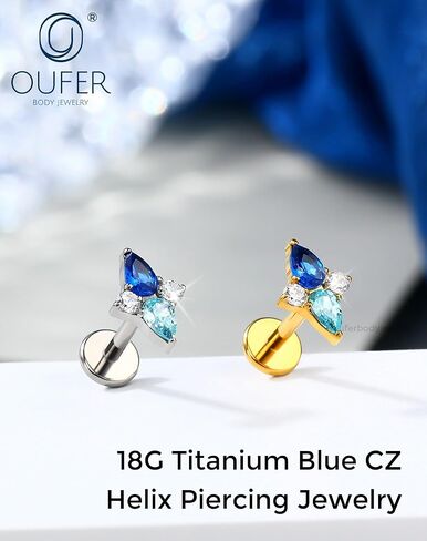 OUFER Helix Piercing Jewelry 18G Blue gradient CZ Flat Back Threadless Labret Lip Piercing, G23 Solid Titanium Forward Helix Earrings, Push Pin Cartilage Tragus Earrings For Women Men in Saudi Arabia