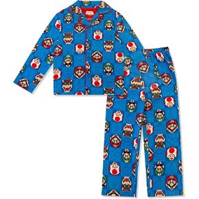 Super Mario Boy's Pajama Set - 2 Piece Boys Flannel Coat Style Matching PJs, Kids Button Down Long Family Christmas Pajamas in Kuwait