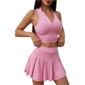 SOLY HUX Women's Summer 2 Piece Outfits Half Zip Crop Tank Tops and Mini Pleated Skirt Set in Kuwait