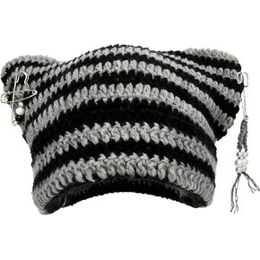 Cat Ear Crochet Beanie Hat Y2K Style with DIY Accessories Goth Knit Hat for Women Girls in Kuwait