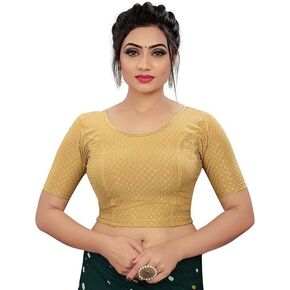 Round Neck Dobby Cotton Lycra Stretchable Elbow Sleeve Readymade Saree Blouse for Women Stylish in Saudi Arabia