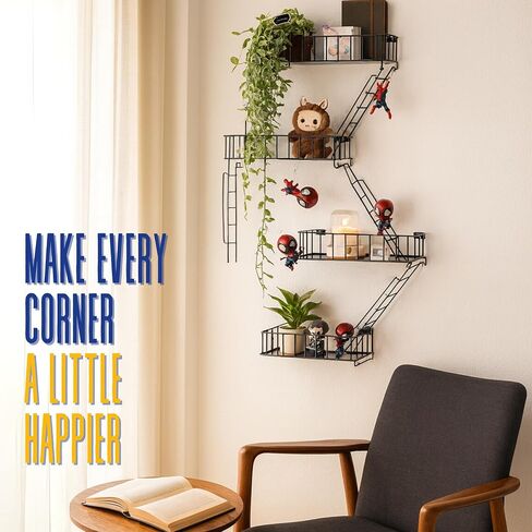 4 Tier Fire Escape Wall Shelf – New York Decorative Floating Shelf – Wall Art Ladder Shelf – Black Metal Trinket Shelves for Bedroom, Home, Office, Storage and Display - Giftable Option in Saudi Arabia