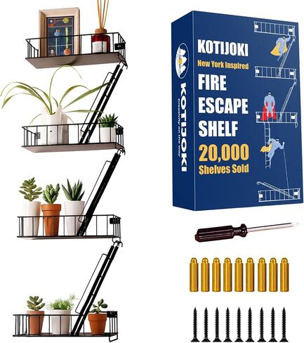 4 Tier Fire Escape Wall Shelf – New York Decorative Floating Shelf – Wall Art Ladder Shelf – Black Metal Trinket Shelves for Bedroom, Home, Office, Storage and Display - Giftable Option in Saudi Arabia