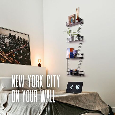 4 Tier Fire Escape Wall Shelf – New York Decorative Floating Shelf – Wall Art Ladder Shelf – Black Metal Trinket Shelves for Bedroom, Home, Office, Storage and Display - Giftable Option in Saudi Arabia