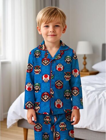 Super Mario Boy's Pajama Set - 2 Piece Boys Flannel Coat Style Matching PJs, Kids Button Down Long Family Christmas Pajamas in Kuwait