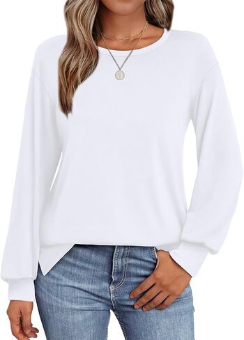 OFEEFAN Long Sleeve Shirts for Women Loose Fit Crew Neck Tunic Tops Basic Tees with Side Split in Kuwait