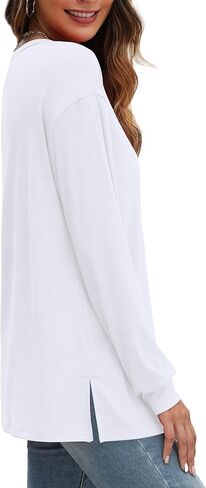 OFEEFAN Long Sleeve Shirts for Women Loose Fit Crew Neck Tunic Tops Basic Tees with Side Split in Kuwait