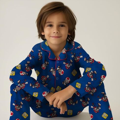 Super Mario Boy's Pajama Set - 2 Piece Boys Flannel Coat Style Matching PJs, Kids Button Down Long Family Christmas Pajamas in Kuwait