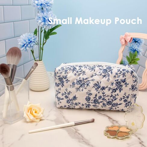 PAZIMIIK Vintage Quilted Makeup Bag Cosmetic Pouch for Brushes Pencils and Travel Make Up Accessories for Women and Girls Jouy Blue in Kuwait
