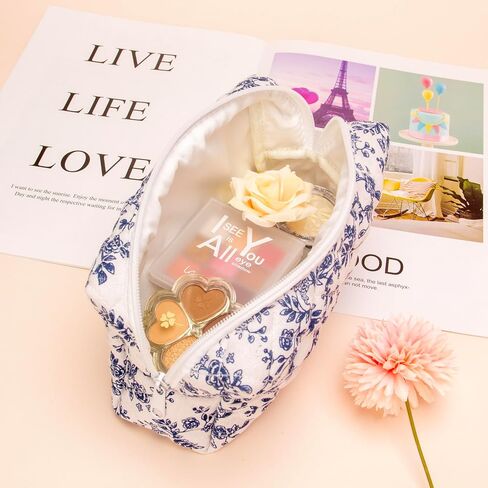 PAZIMIIK Vintage Quilted Makeup Bag Cosmetic Pouch for Brushes Pencils and Travel Make Up Accessories for Women and Girls Jouy Blue in Kuwait