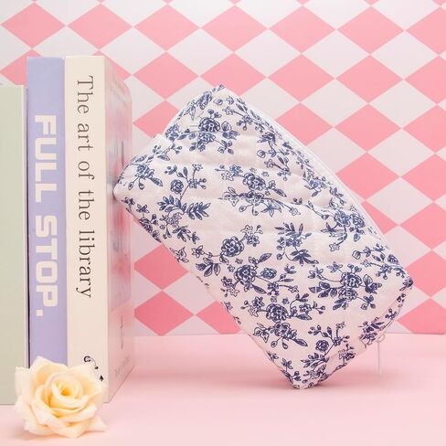 PAZIMIIK Vintage Quilted Makeup Bag Cosmetic Pouch for Brushes Pencils and Travel Make Up Accessories for Women and Girls Jouy Blue in Kuwait