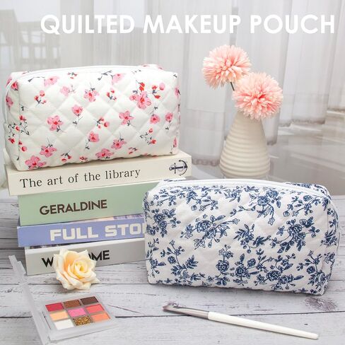 PAZIMIIK Vintage Quilted Makeup Bag Cosmetic Pouch for Brushes Pencils and Travel Make Up Accessories for Women and Girls Jouy Blue in Kuwait