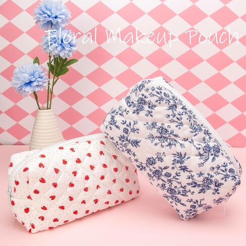 PAZIMIIK Vintage Quilted Makeup Bag Cosmetic Pouch for Brushes Pencils and Travel Make Up Accessories for Women and Girls Jouy Blue in Kuwait