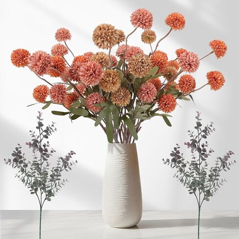 Geegoods 10 Stems Silk Pompon Mum Artificial Flowers with 2 Eucalyptus – 21’’ Long Stem Faux Chrysanthemums for Vase Arrangements, Rustic Farmhouse Fall Centerpieces & Autumn Décor in Kuwait